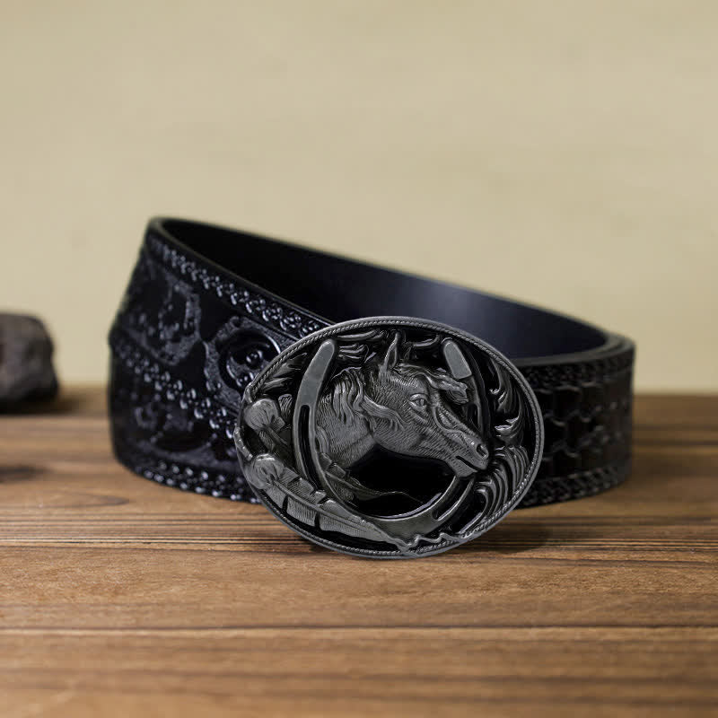 Men's DIY Horseshoe Black Enamel Buckle Leather Belt - Horseshoe - Black Carved Belt (40) - image 9