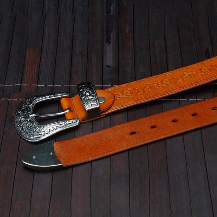 Unisex Rustic Texture Flower Printing Leather Belt - image 18