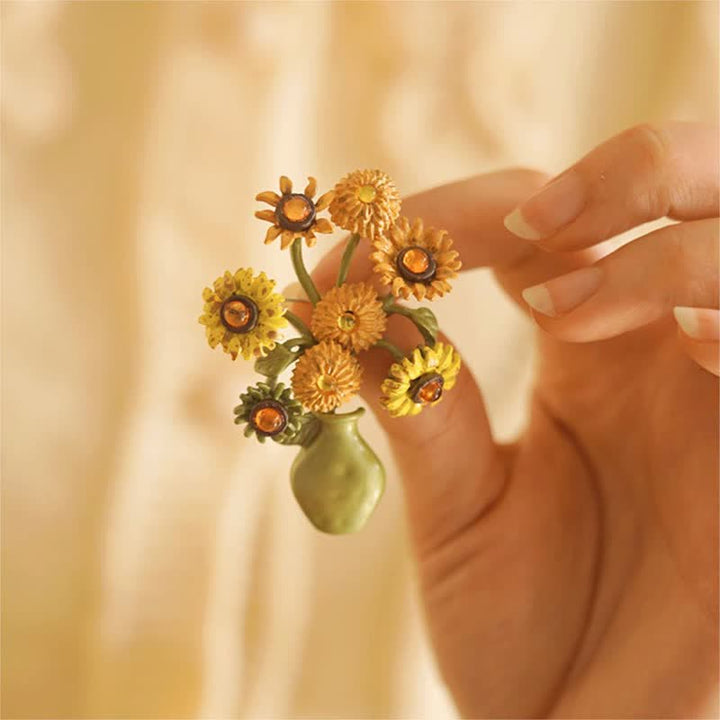 Women's Enamel Sunflower Vase Brooch - image 2