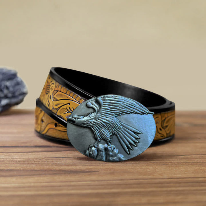 Men's DIY Eagle On Stone Buckle Leather Belt - Silver - SandyBrown Belt (40) - image 20