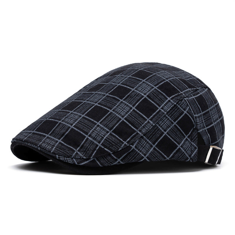 Spring And Summer Fashion Pure Cotton Striped&Checkered Beret Hat - Black grid - Adjustable (22"-24") - image 11