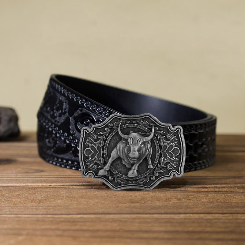 Men's DIY Matador Buckle Leather Belt - Silver - Black Carved Belt (40) - image 13
