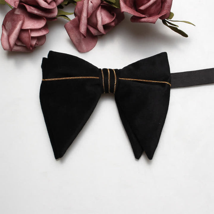 Men's Charming Velvet Oversized Pointed Bow Tie - Black & Gold Chain - image 5