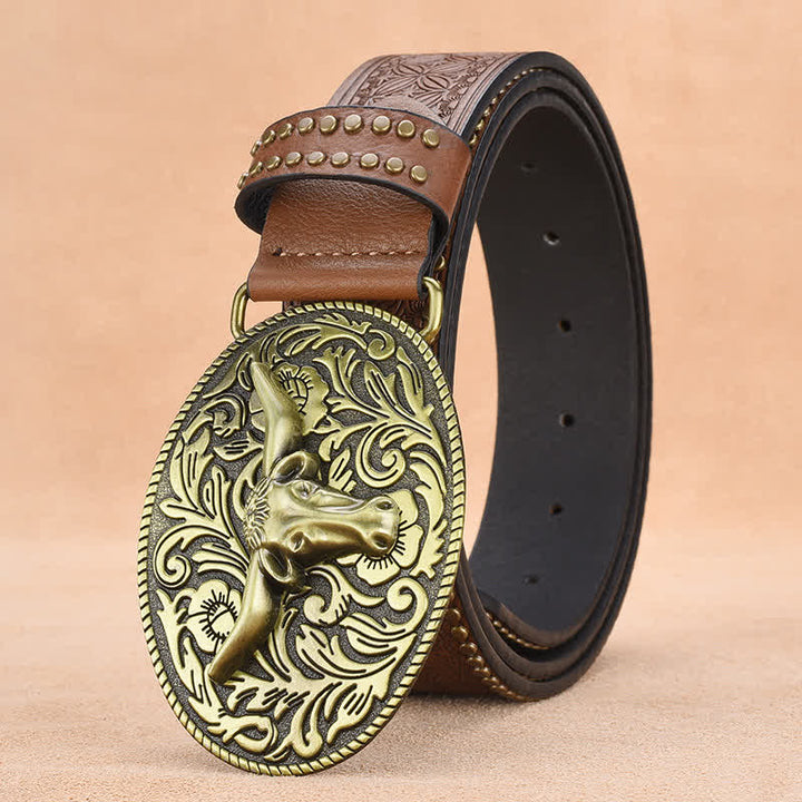 Men's Bull Head Rivet Embossed Leather Belt - Brown - 44 - image 0
