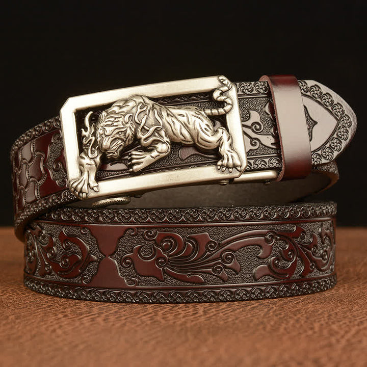 Men's Tiger Buckle Floral Embossed Leather Belt - Silver & Brown - 46 - image 16