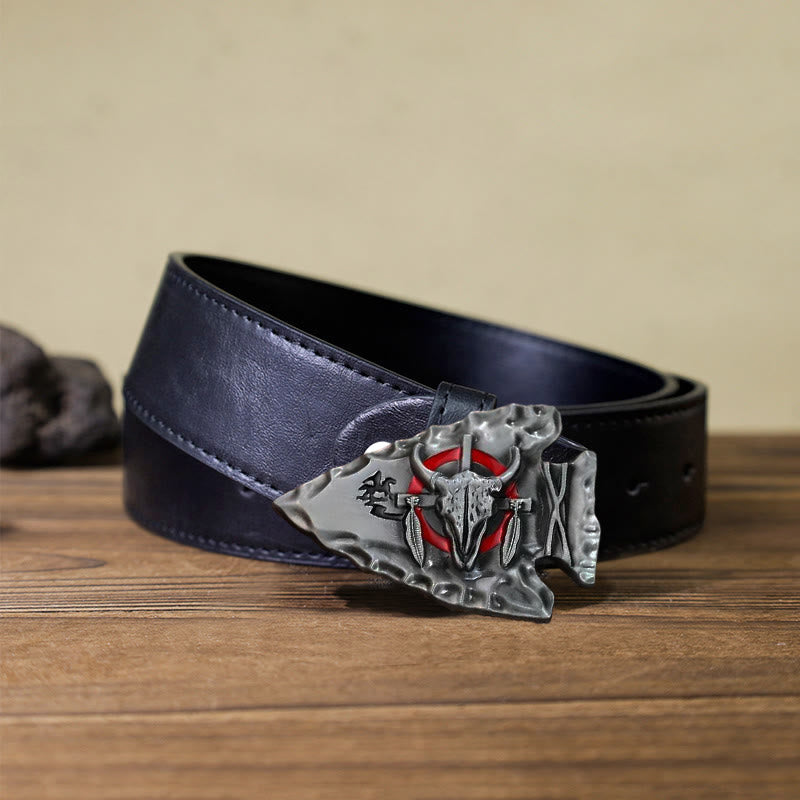 Men's DIY Arrowhead Shaped Bull Buckle Leather Belt - Antique Silver - Black PU Belt (40) - image 5