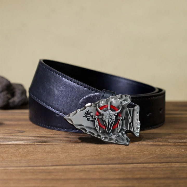 Men's DIY Arrowhead Shaped Bull Buckle Leather Belt - Antique Silver - Black PU Belt (40) - image 5