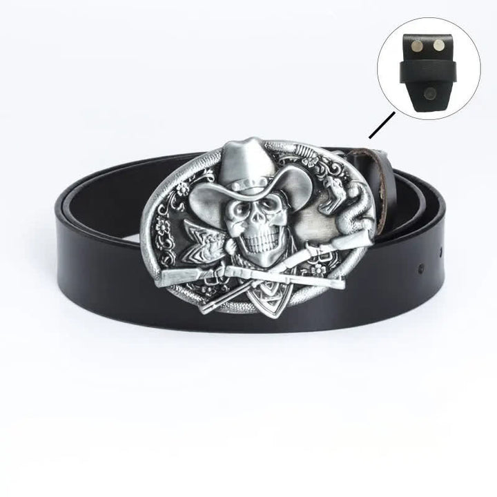 Men's Pirate Skull Cross Guns Leather Belt - Leather Linker - Black / Silver - 46 - image 2