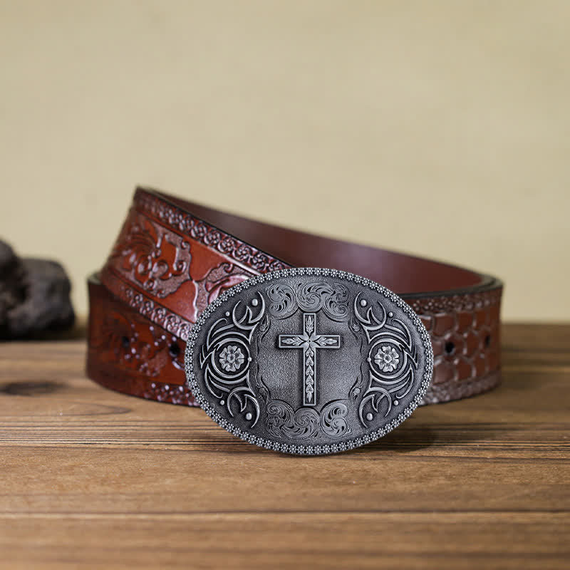 Men's DIY Faith Cross Floral Buckle Leather Belt - Antique Silver - Brown Carved Belt (40) - image 17