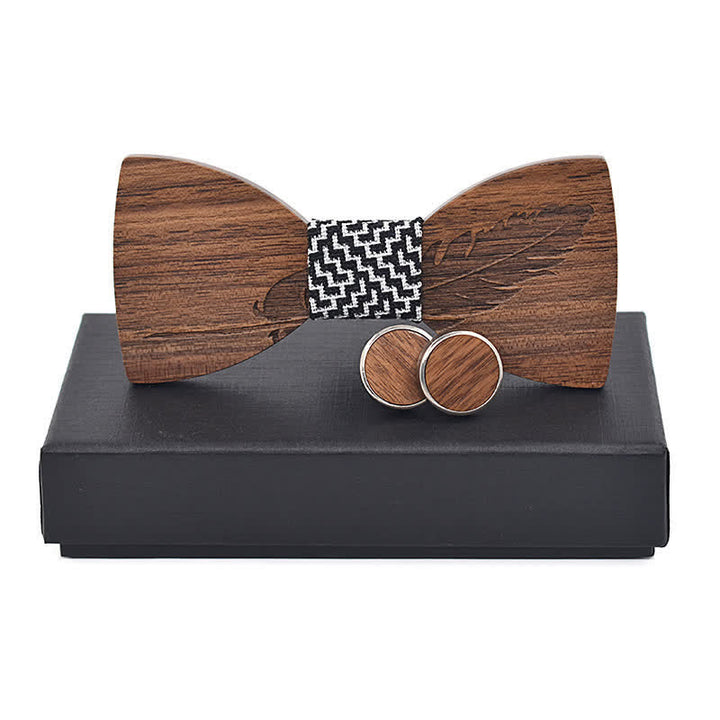 2Pcs Men's Feather Engraving Wooden Bow Tie Set - Black & White Mosaics - image 5