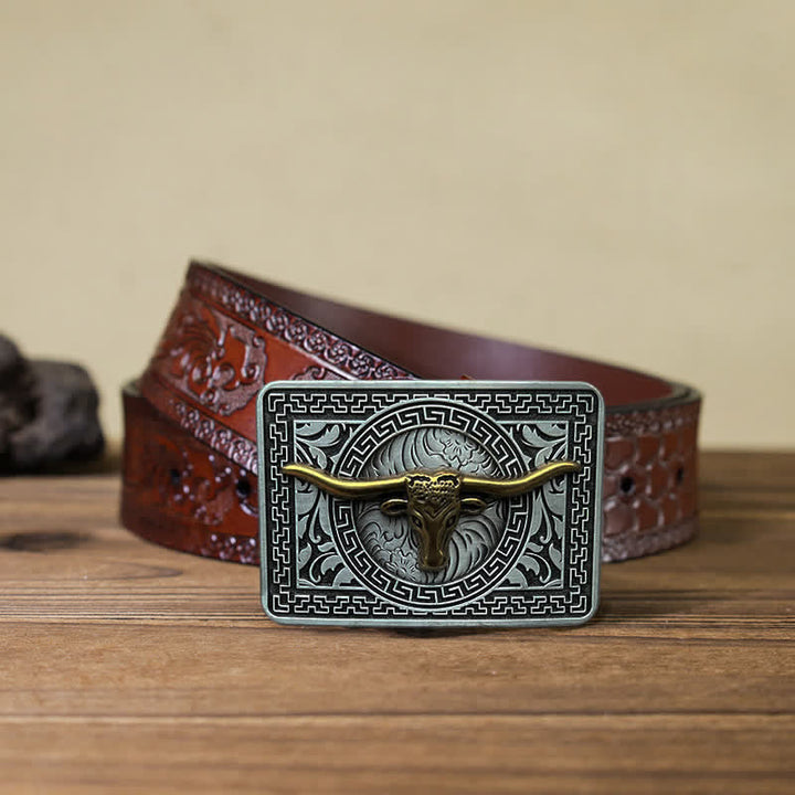 Men's DIY  Weatern Buckle Leather Belt - Gold - Brown Carved Belt (40) - image 18