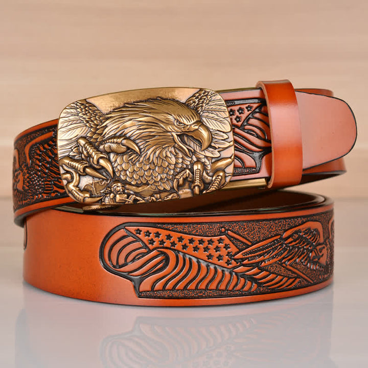 Men's Mighty Eagle Sharp Claw Automatic Buckle Leather Belt - Brown / Gold - 46 - image 21
