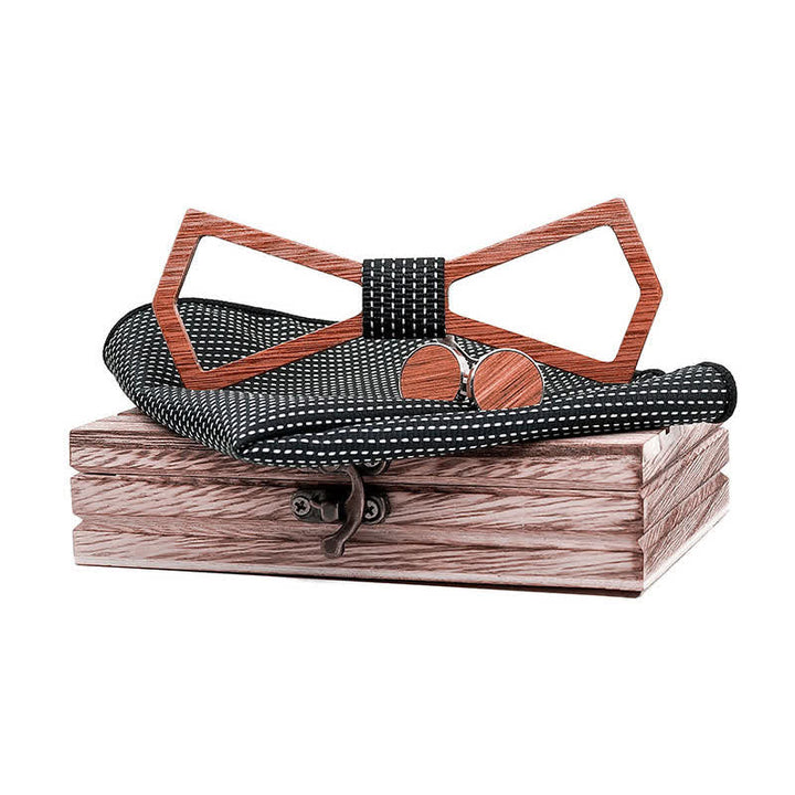 3Pcs Men's Hollow Carved Design Wooden Bow Tie Set - Black Dots - image 8