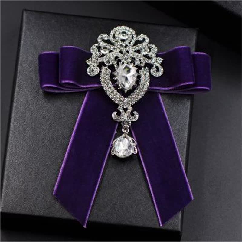 2Pcs Royal Rhinestone Brooch Velvet Bow Tie Set - Purple - image 2