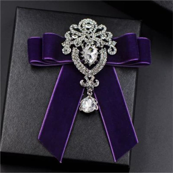 2Pcs Royal Rhinestone Brooch Velvet Bow Tie Set - Purple - image 2