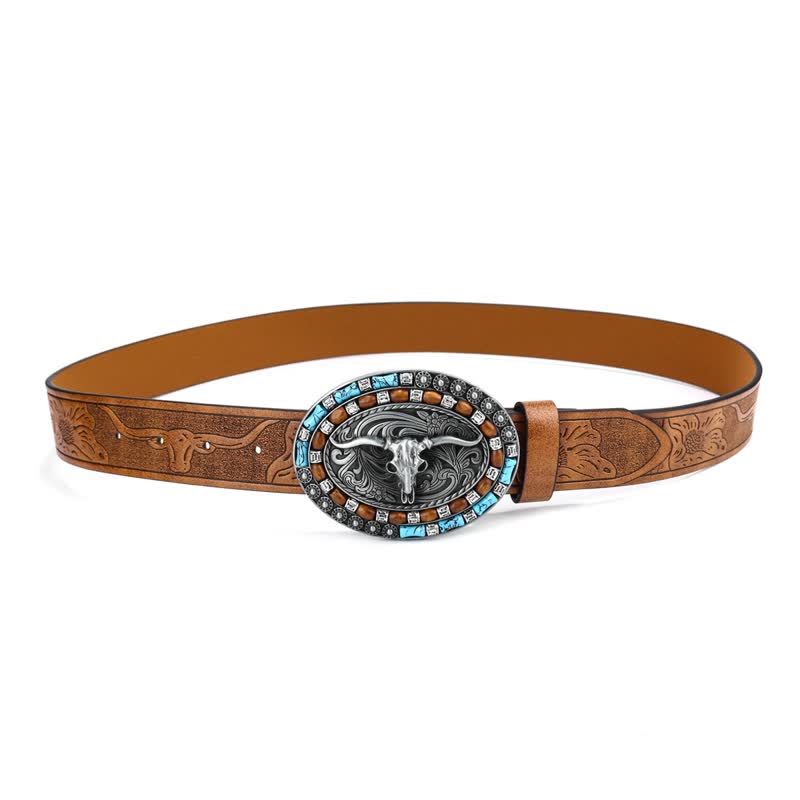 Men's Western Cowboy Turquoise Bull Leather Belt - image 1