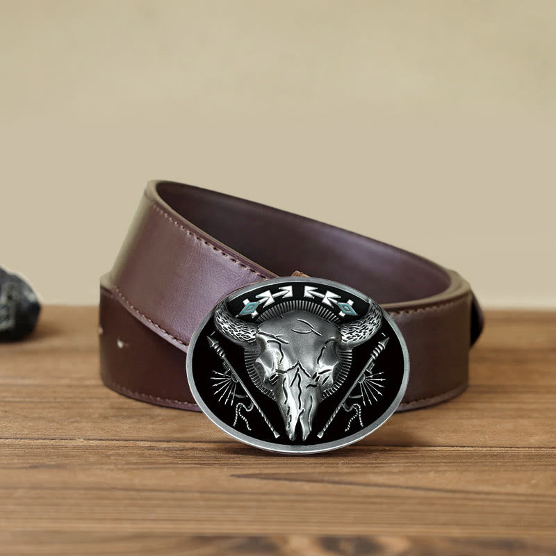 Men's DIY Indian Theme Bull Skull Buckle Leather Belt - Black - Brown PU Belt (40) - image 9