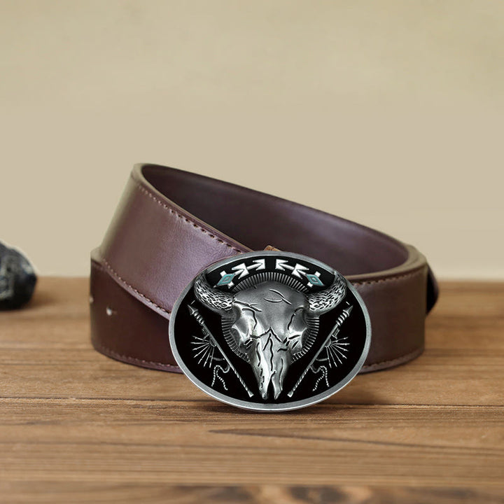 Men's DIY Indian Theme Bull Skull Buckle Leather Belt - Black - Brown PU Belt (40) - image 9