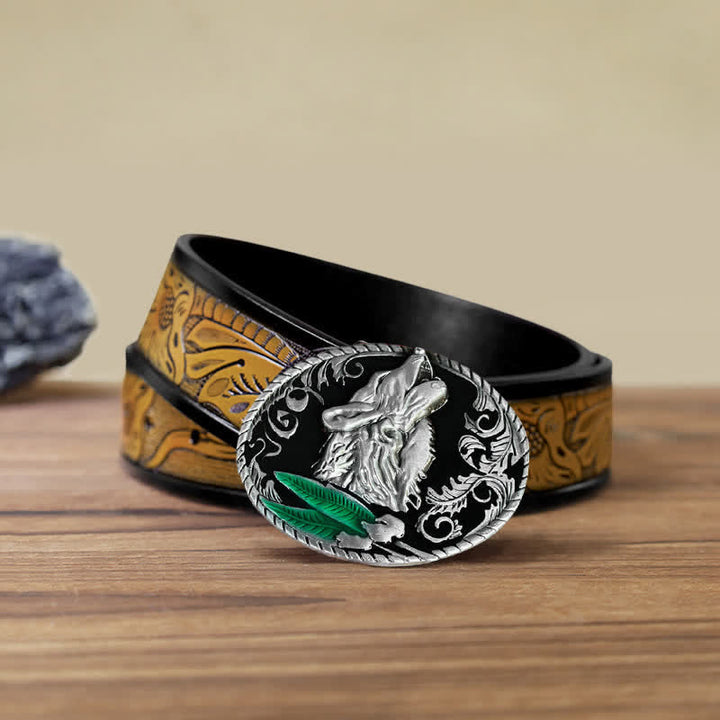 Men's DIY Howling Wolf Head Buckle Leather Belt - Antique Silver - SandyBrown Belt (40) - image 15