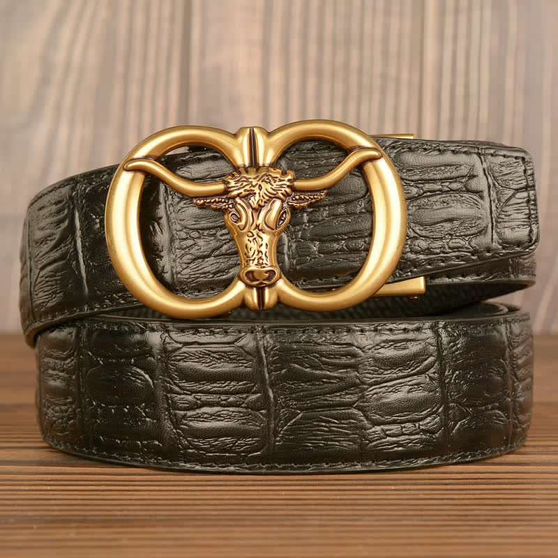 Men's Giant Ox Crocodile Pattern Leather Belt - Gold & Black - Crocodile Skin - 44 - image 0