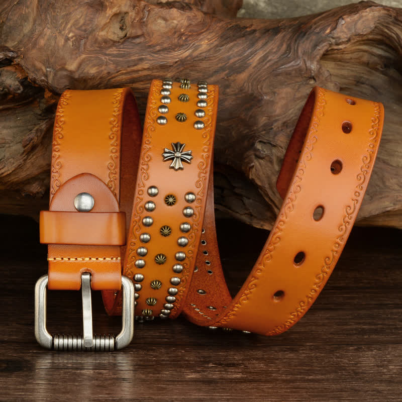Unisex Rock Style Cross Rivet Studded Decor Belt - Yellowish-Brown - 42 - image 5