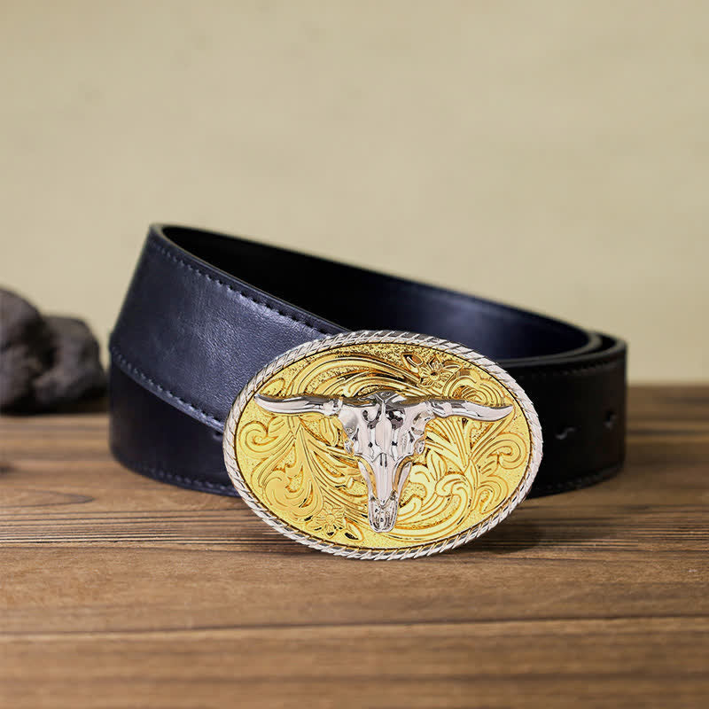 Men's DIY Shining Golden Bull Head Buckle Leather Belt - Bull - Black PU Belt (40) - image 4