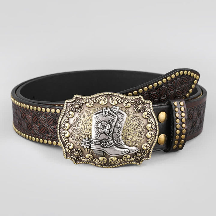 Men's Cowboy Shoes Studded Decor Leather Belt - image 2