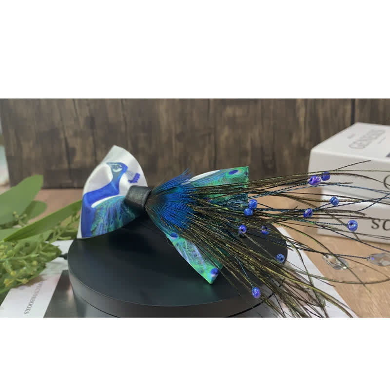 Blue Peacock Tail Beaded Feather Bow Tie - image 7