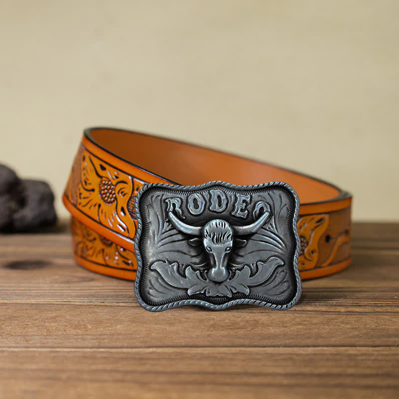 Men's DIY Silver Longhorn Bull Rodeo Buckle Leather Belt - Longhorn Bull - Orange Carved Belt (40) - image 15