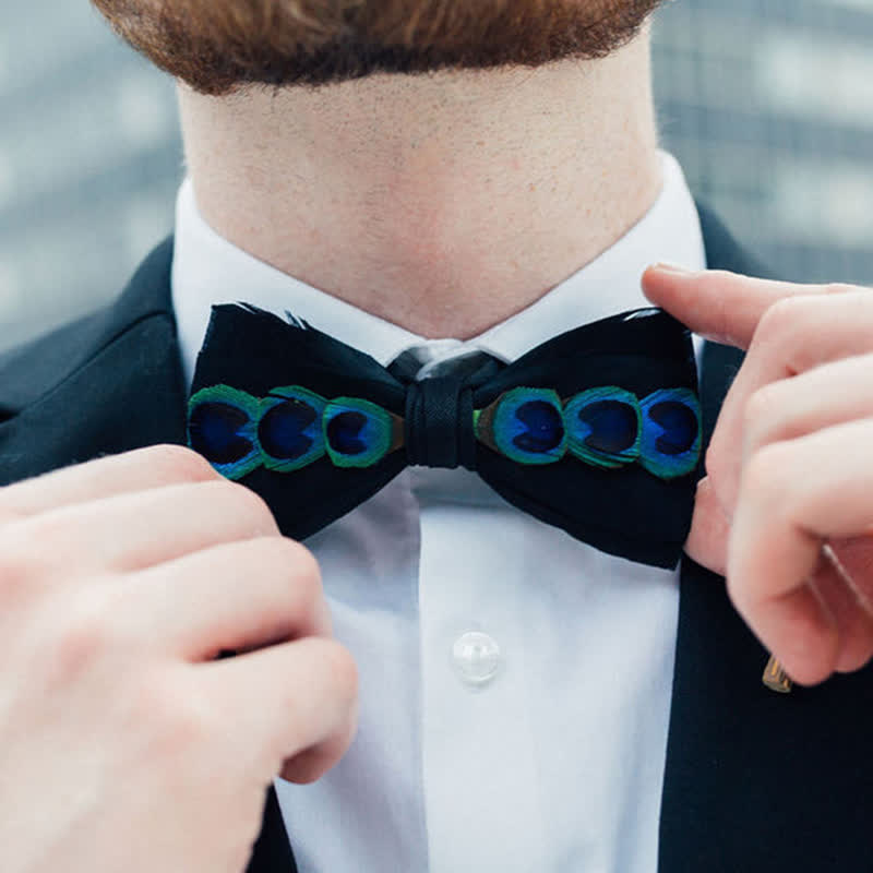 Blue & White Dye Eye Peacock Feather Bow Tie - image 2