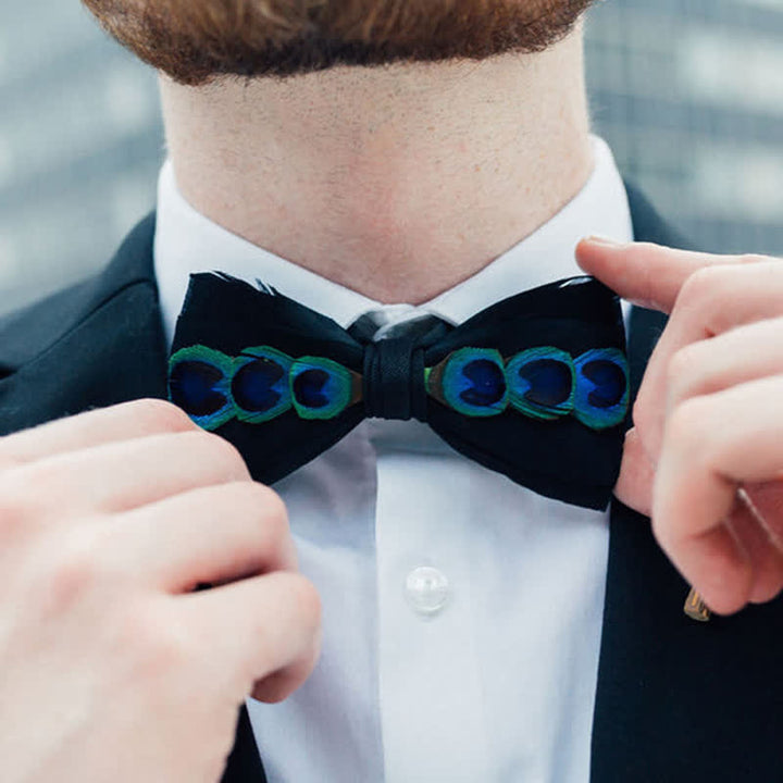 Blue & White Dye Eye Peacock Feather Bow Tie - image 2