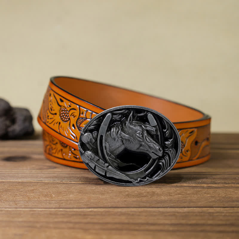 Men's DIY Horseshoe Black Enamel Buckle Leather Belt - Horseshoe - Orange Carved Belt (40) - image 15