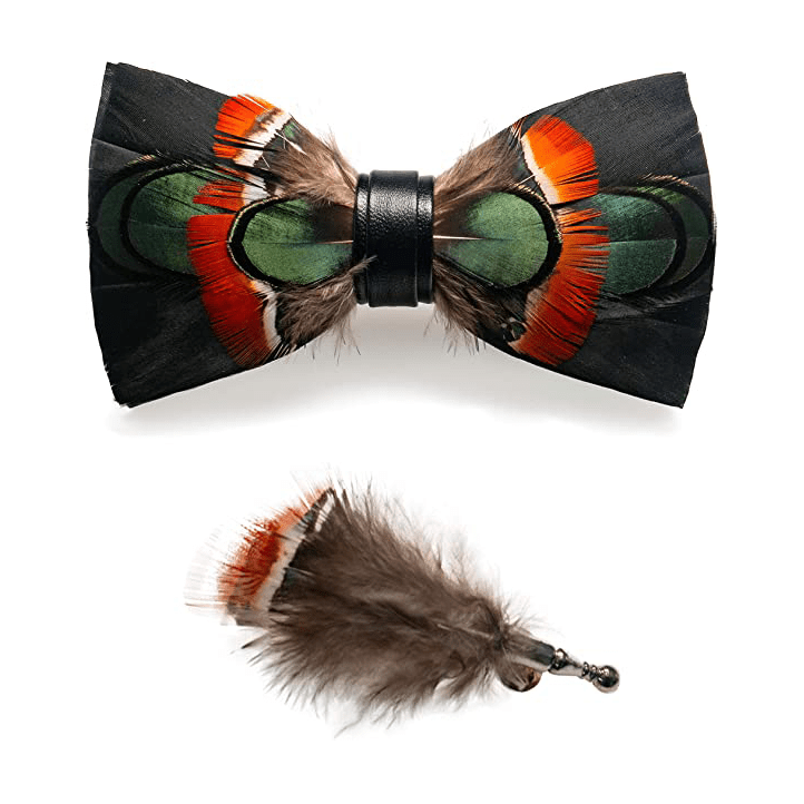 Black & Red Green Mallard Feather Bow Tie with Lapel Pin - image 3
