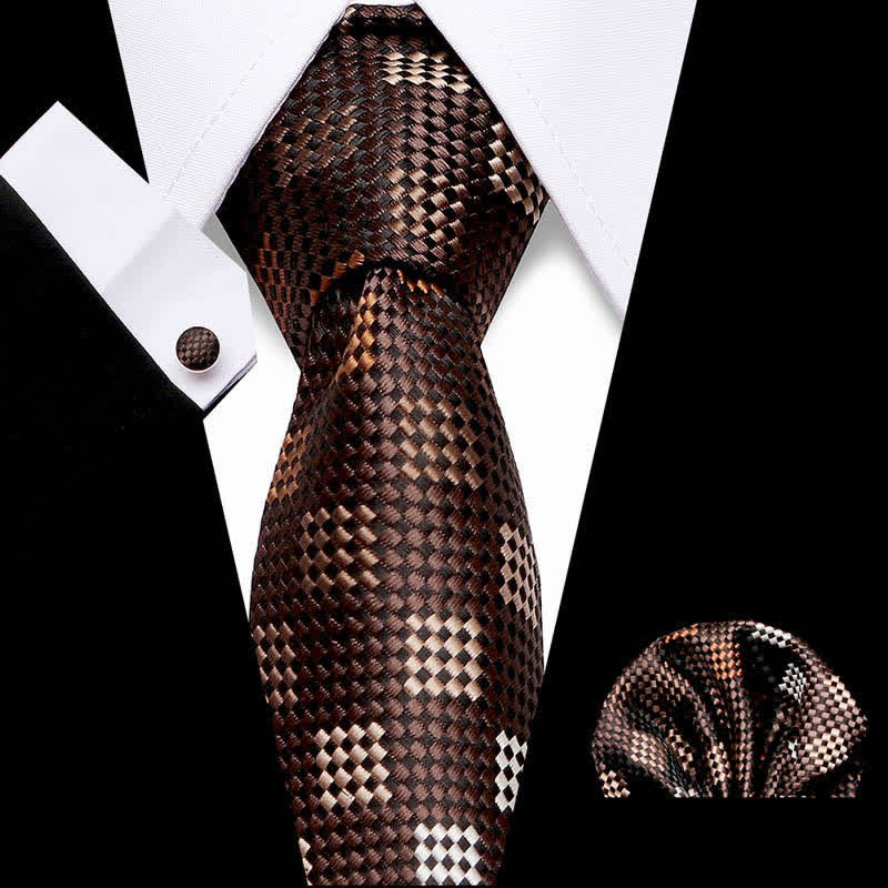 3Pcs Men's Brown & Champagne Checkerboard Necktie Set - Brown & Champagne - image 0