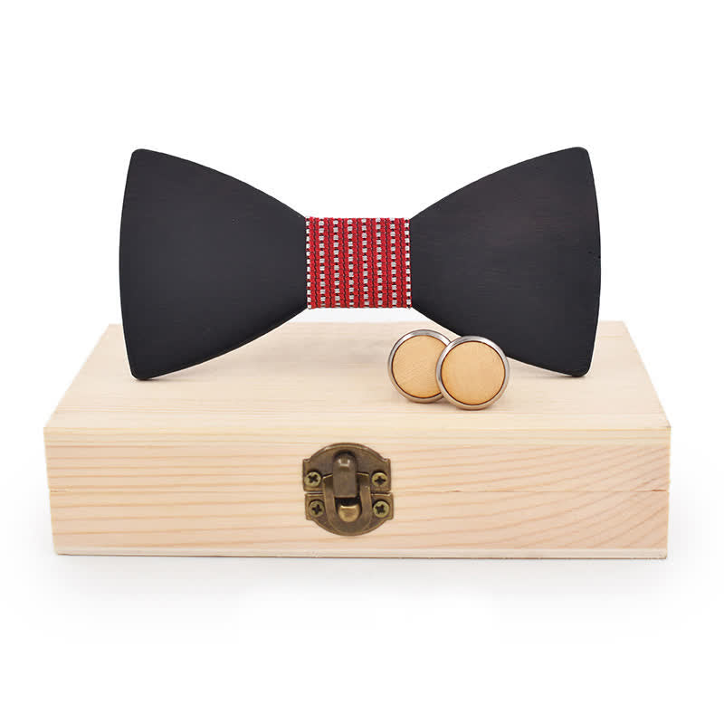 2Pcs Men's Black Wooden Bow Tie Cufflinks Set - Red Dotty - image 17