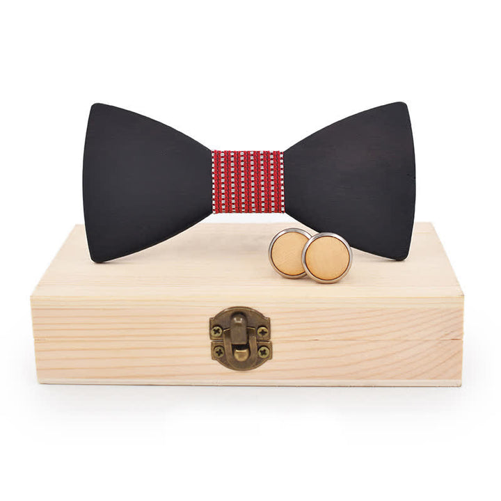 2Pcs Men's Black Wooden Bow Tie Cufflinks Set - Red Dotty - image 17