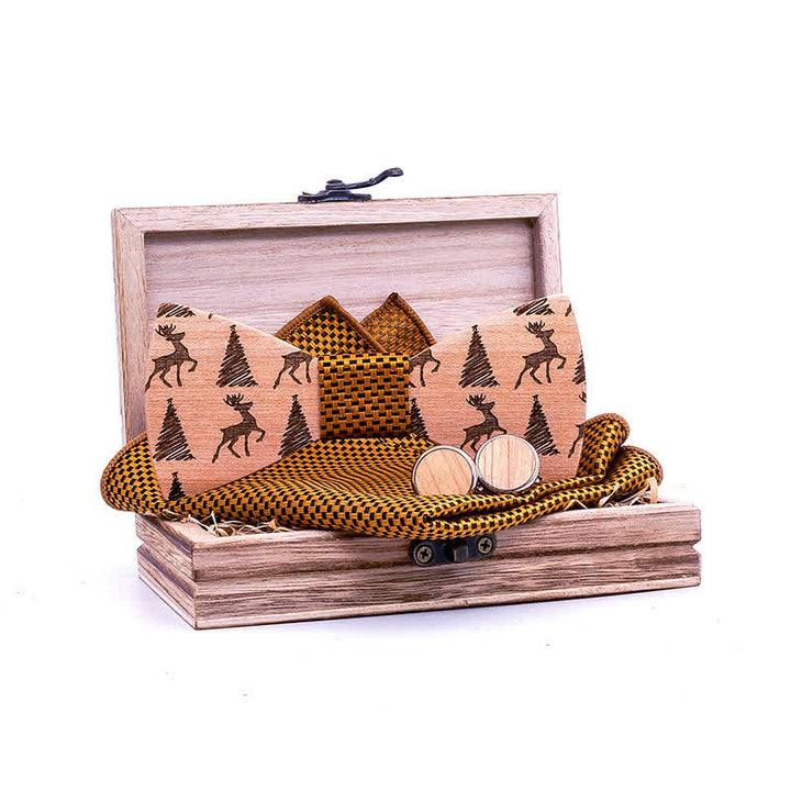 3Pcs Men's Christmas Tree Deer Pattern Wooden Bow Tie Set - Goldenrod - image 0