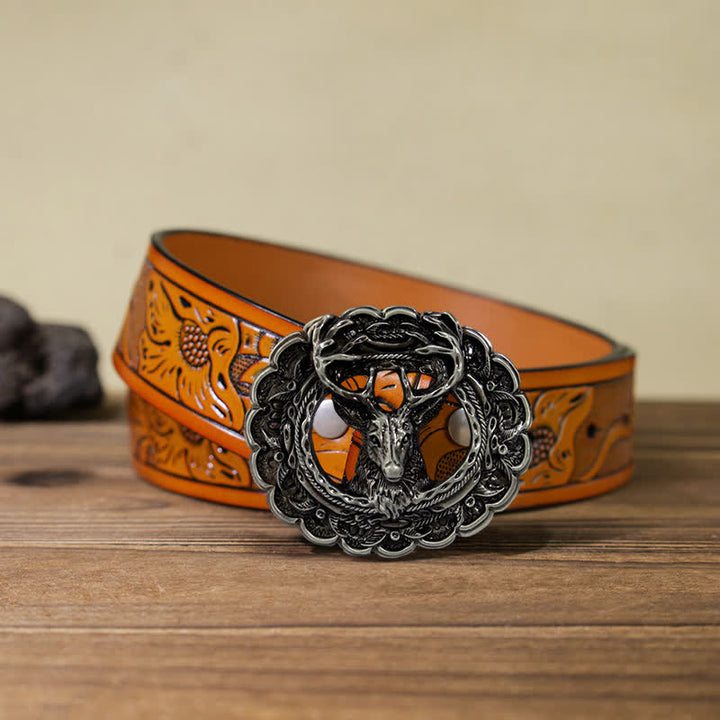 Men's DIY Hollow 3D Elk Antler Buckle Leather Belt - Antique Silver - Orange Carved Belt (40) - image 22