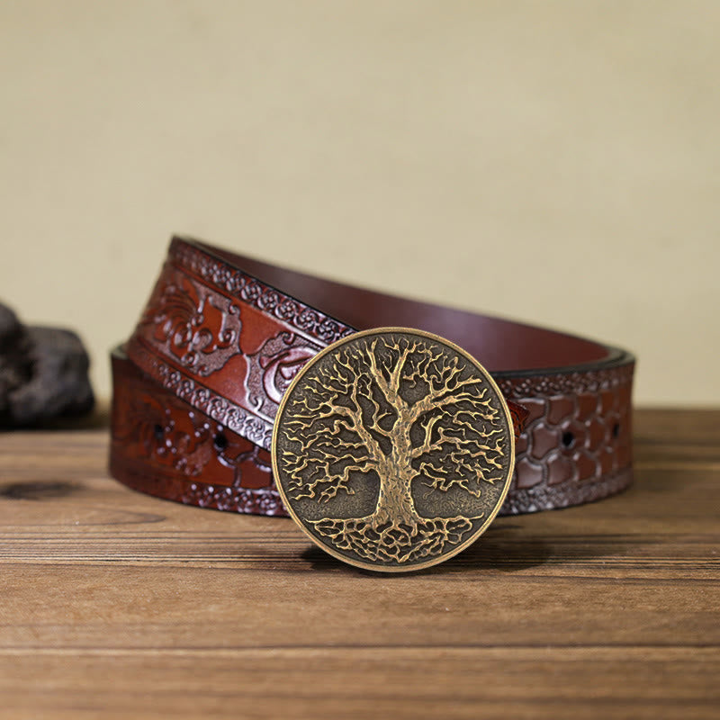 Men's DIY Tree of Life Round Buckle Leather Belt - Bronze - Brown Carved Belt (40) - image 17