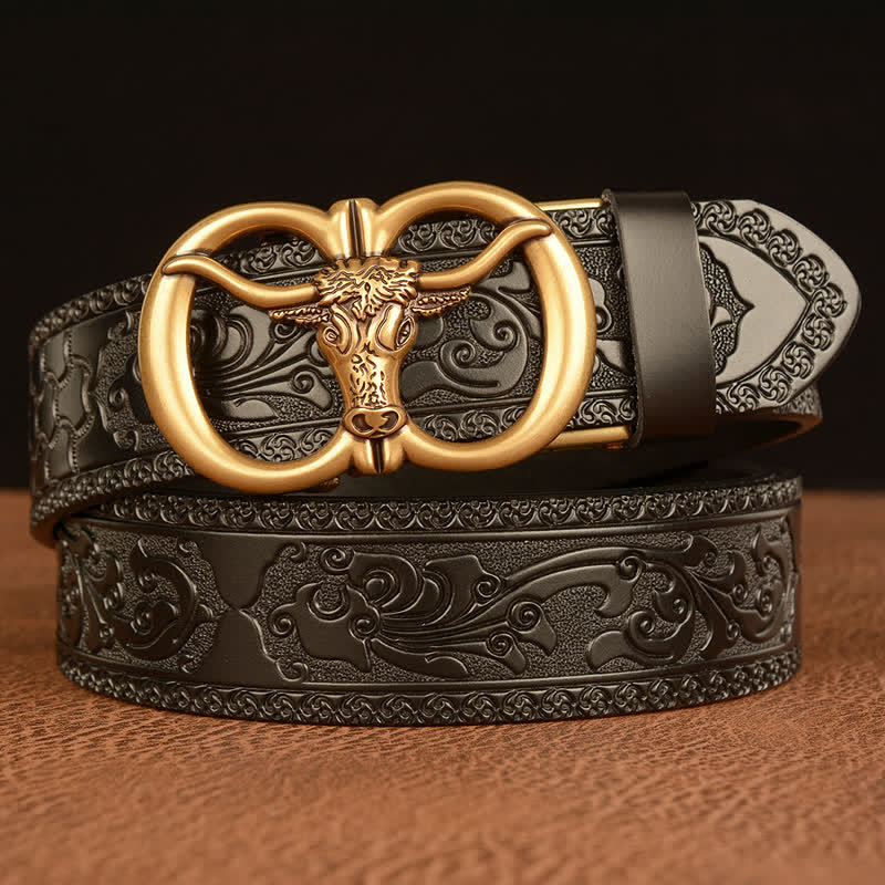 Men's Bull Head Buckle Leather Belt - Gold & Black - 46 - image 9