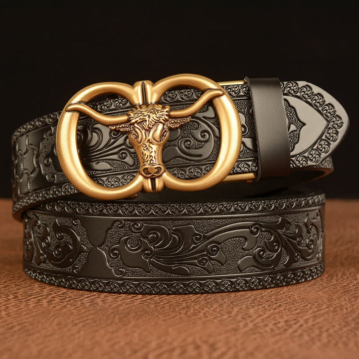 Men's Bull Head Buckle Leather Belt - Gold & Black - 46 - image 9