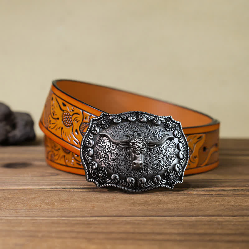 Men's DIY Longhorn Bull Antiqued Silver Buckle Leather Belt - Silver - Orange Carved Belt (40) - image 22