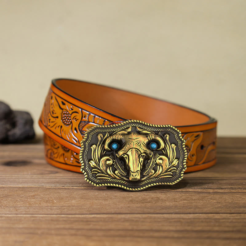Men's DIY Goat Skull Turquoise Buckle Leather Belt - Gold - Orange Carved Belt (40) - image 17