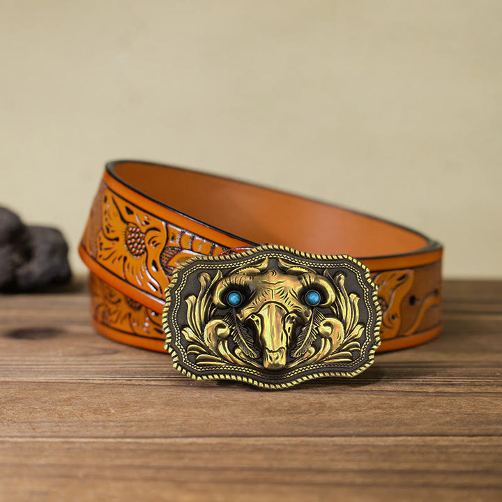 Men's DIY Goat Skull Turquoise Buckle Leather Belt - Gold - Orange Carved Belt (40) - image 17